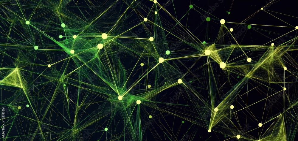 Poster geometric abstract design featuring vibrant green and yellow interconnected shapes. generative ai