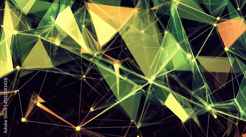 Poster geometric abstract design featuring dynamic shapes in green and yellow hues. generative ai