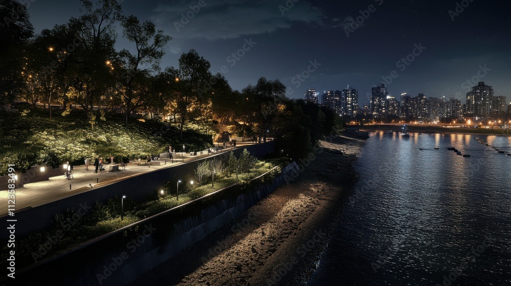 Poster a dynamic night scene of a waterfront city in cubist style featuring reflections on a rippling river