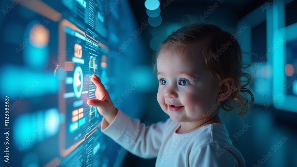 Poster a curious baby interacts with a vibrant touch screen display in a modern learning environment, explo