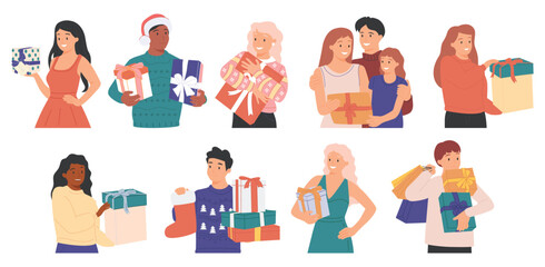 Collection of happy people opening gift boxes vector flat illustration. Scenes with man, woman and couples.