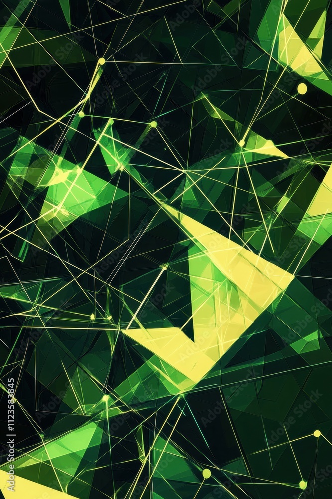 Poster geometric abstract design featuring vibrant green and yellow patterns. generative ai