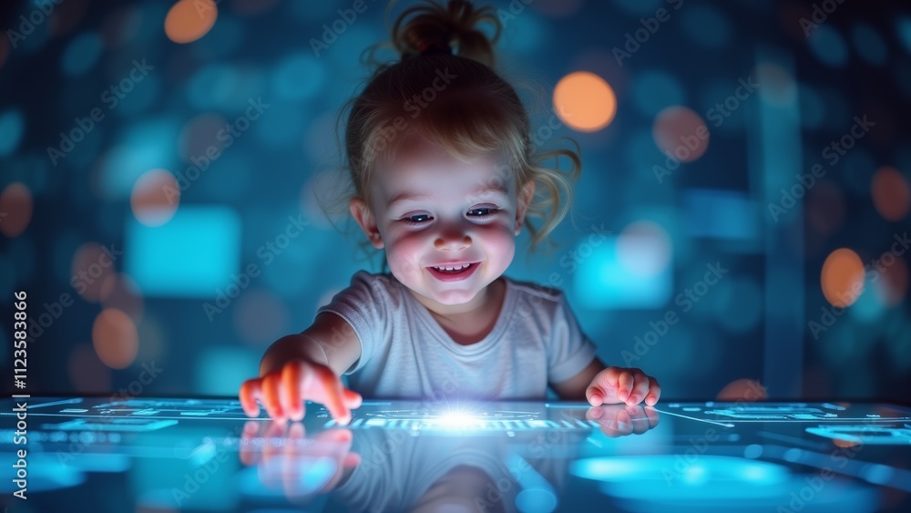 Poster a child exploring a glowing interactive display while smiling in a bright, futuristic setting with c