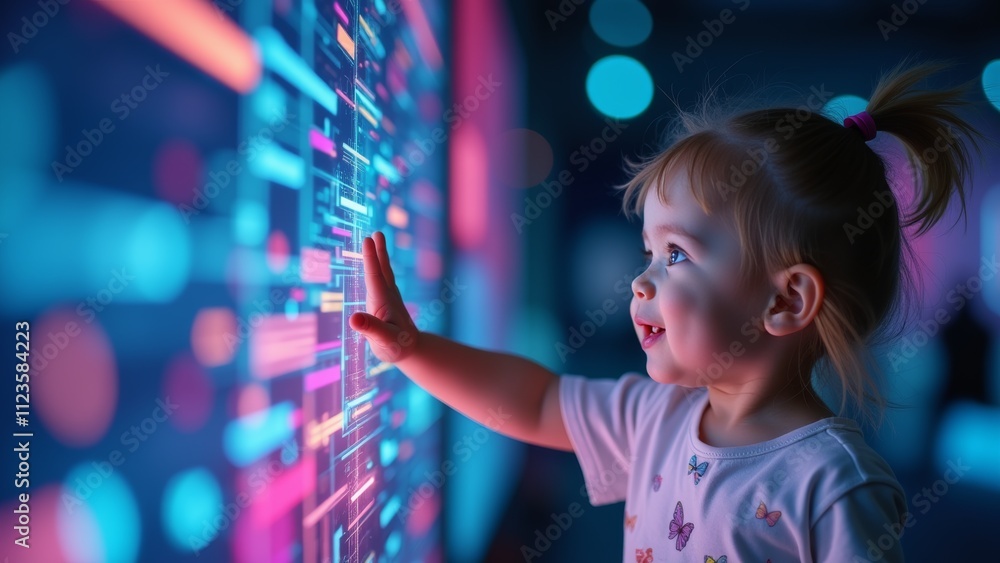Poster toddler interacting with colorful digital display in a modern, interactive exhibition space during t