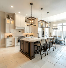 Fototapeta premium A large kitchen with an island, a large tile floor, and cream cabinets, with plenty of natural light and detailed, 