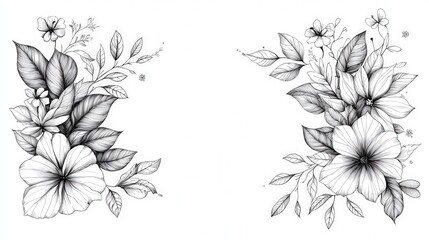 Beautiful hand-drawn floral illustrations featuring various flowers and leaves, perfect for decorative and design purposes.