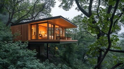 Tiny wooden house built into a treecovered hillside