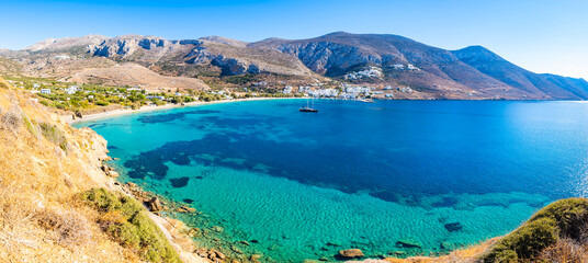 Panorama of beautiful Egiali beach and bay with mountains, Amorgos island, Cyclades, Greece