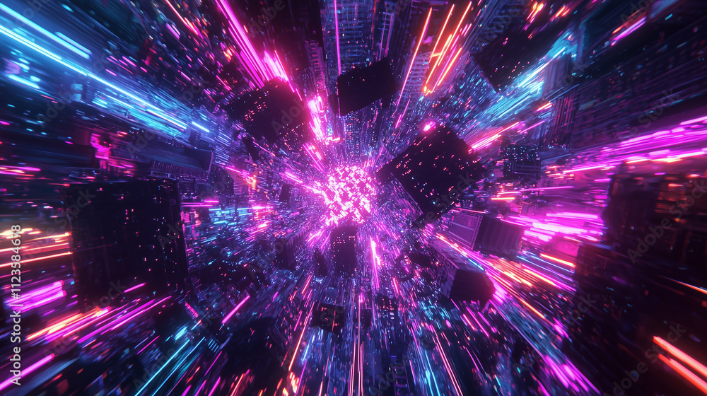 Poster abstract digital art depicting a fastpaced journey through a neonlit tunnel filled with glowing cube