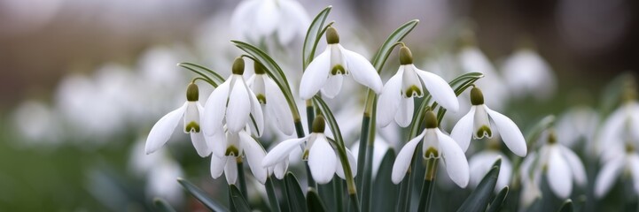 Fototapeta premium A bouquet of spring flowers of snowdrops. The background is blurred. The spring banner.