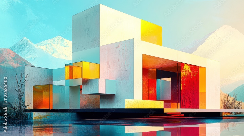 Poster vibrant cubist architecture featuring overlapping shapes in bold primary colors illuminated by soft 