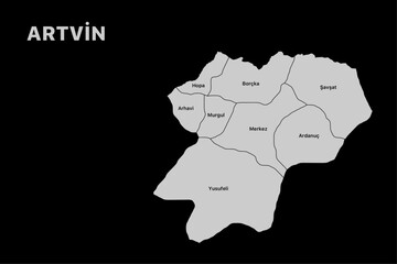 Artvin district map, isolated city map in turkey.