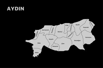 Aydin district map, isolated city map in turkey.