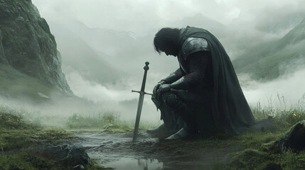 Obraz premium A knight kneeling on the damp ground of a misty valley, his head bowed and his sword driven into the earth.