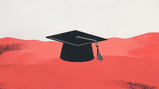 Illustration of a black graduation hat, used as a congratulations invitation template, symbolizing education, diploma achievement, and a minimalistic graduation theme
