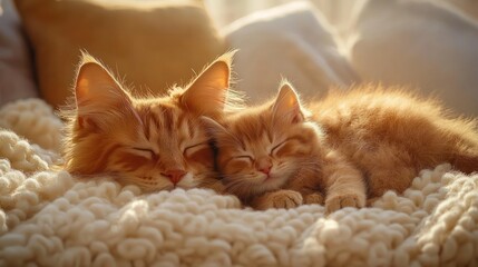 Two ginger kittens cuddling and sleeping peacefully on a cream knitted blanket in sunlit room.