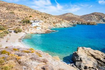 View of stunning sandy Agios Nikolaos beach and azure turquoise sea, Folegandros island, Cyclades,...