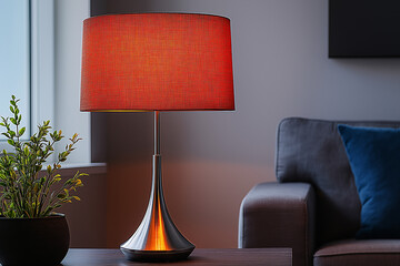 Photo studio d'une lampe de table moderne avec base en acier bross&eacute; et abat-jour en lin color&eacute;, design minimaliste, sur fond blanc