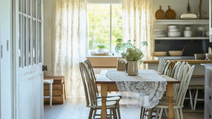 Fototapeta premium Cozy dining room with wooden table and chairs, rustic charm, and farmhouse style soft colors and natural light creating a welcoming, airy atmosphere perfect for casual dining and family gatherings.