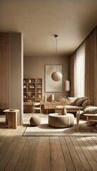 A minimalist vertical interior in 2025’s trending color, 17-1230 Mocha Mousse. Warm beige tones, natural light, wooden flooring, stylish furniture, and decor elements create a serene