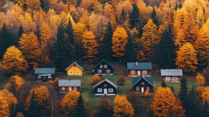 A picturesque aerial view of cozy homes nestled among vibrant autumn trees, showcasing nature's beauty and seasonal transformation.