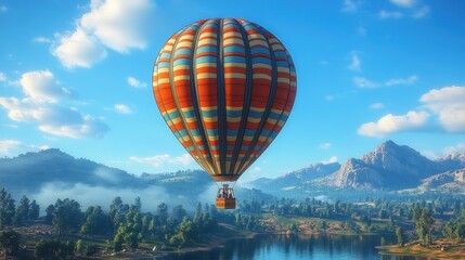 Fototapeta premium A colorful hot air balloon floats over a serene landscape.