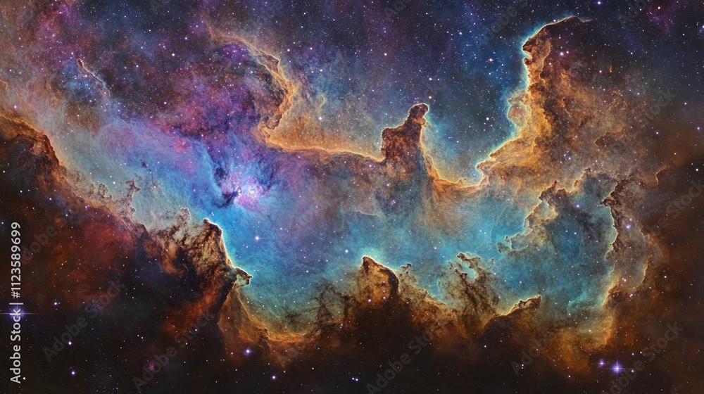 Poster cosmic clouds of gas and dust in vibrant colors, showcasing celestial formations and nebular structu