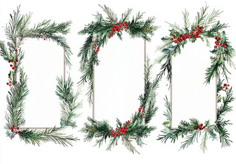 Christmas and New Year watercolor floral frame set isolated on a white background,	