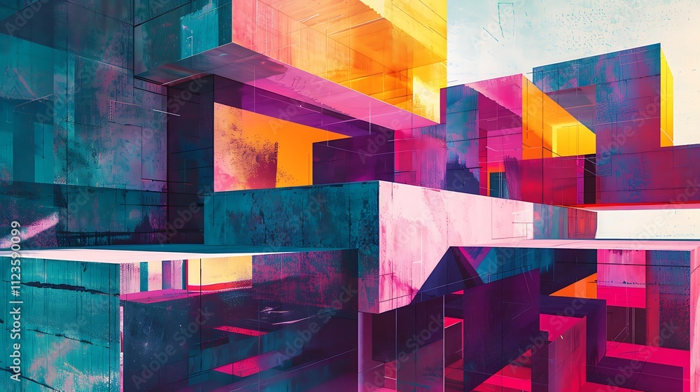 Poster an abstract architectural illustration of a building with walls made of shifting, kaleidoscopic patt