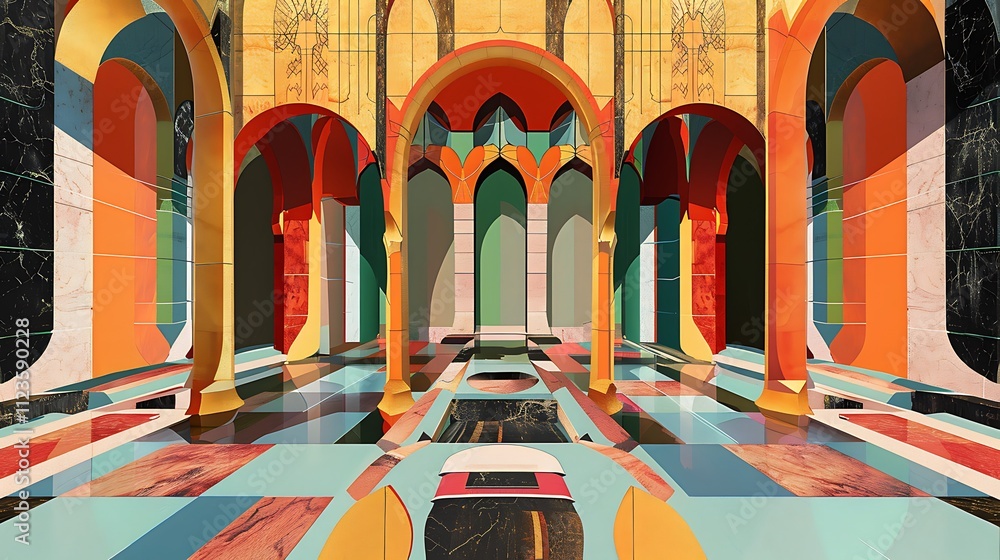 Poster an abstract architectural illustration of a building with walls made of shifting, kaleidoscopic patt