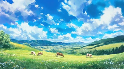 Fototapeta premium Panoramic view of cows grazing on vibrant green pastures with a backdrop of clear blue skies and fluffy white clouds. Scenic countryside with rolling hills and open fields