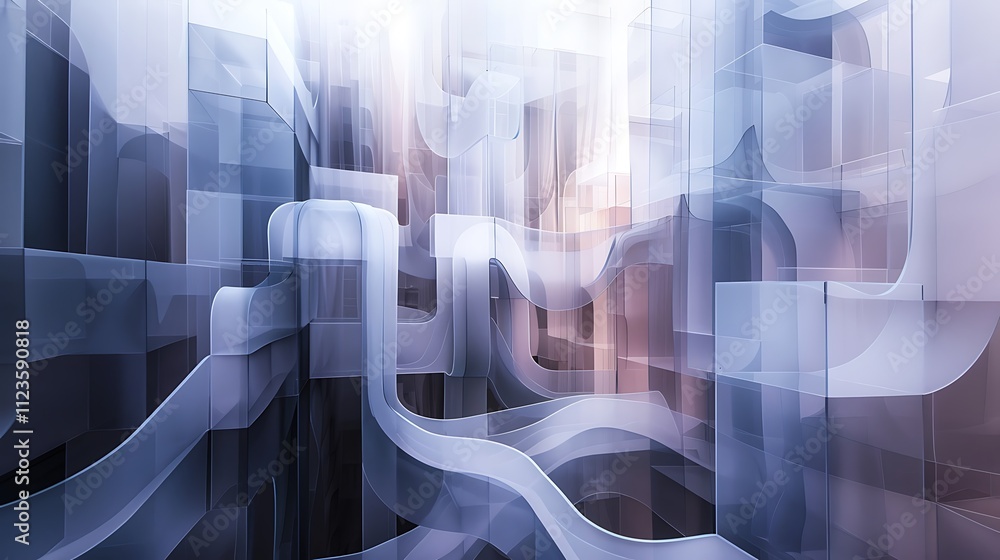 Poster an abstract architectural piece featuring a labyrinth of floating, angular platforms connected by su