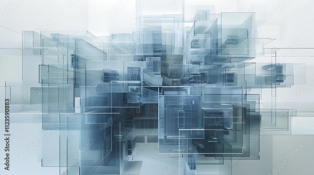 Poster an abstract architectural piece featuring a labyrinth of floating, angular platforms connected by su