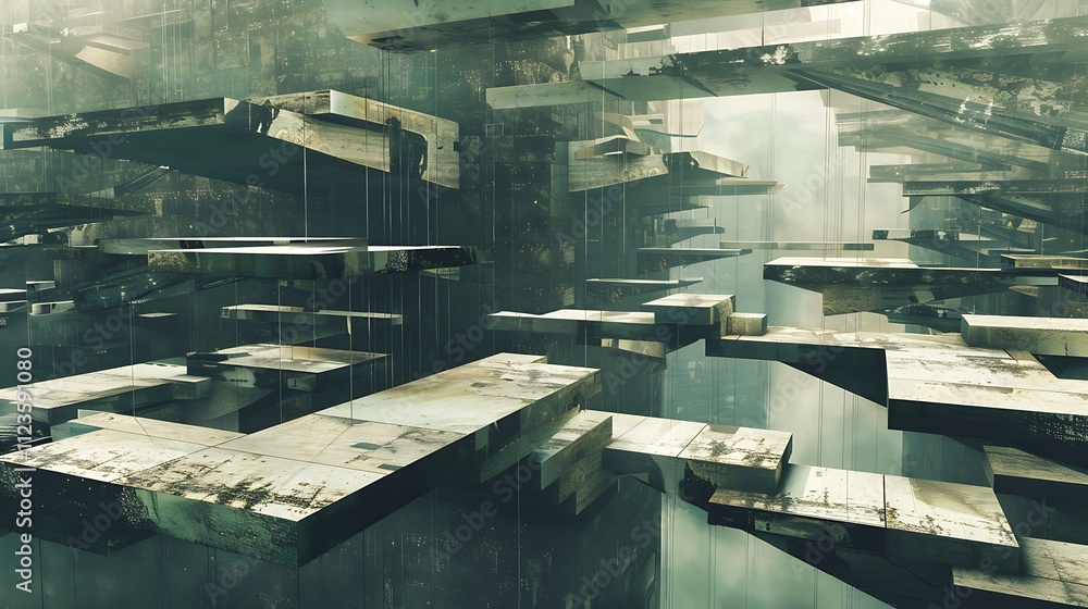 Poster an abstract architectural piece featuring a labyrinth of floating, angular platforms connected by su