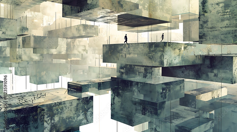 Poster an abstract architectural piece featuring a labyrinth of floating, angular platforms connected by su