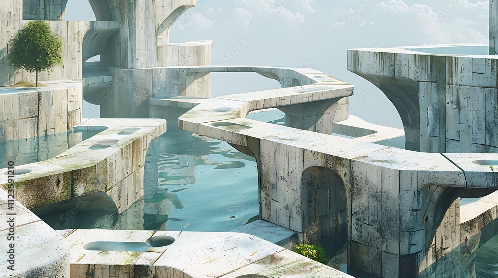 Poster an abstract architectural piece featuring a labyrinth of floating, angular platforms connected by su