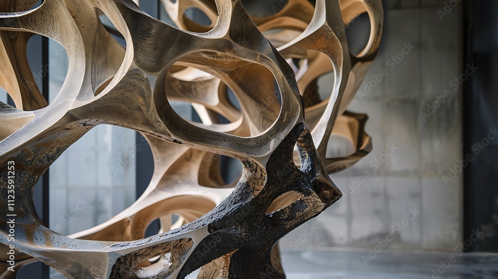 Poster an abstract architectural piece featuring a series of interconnected, organic forms resembling tree 