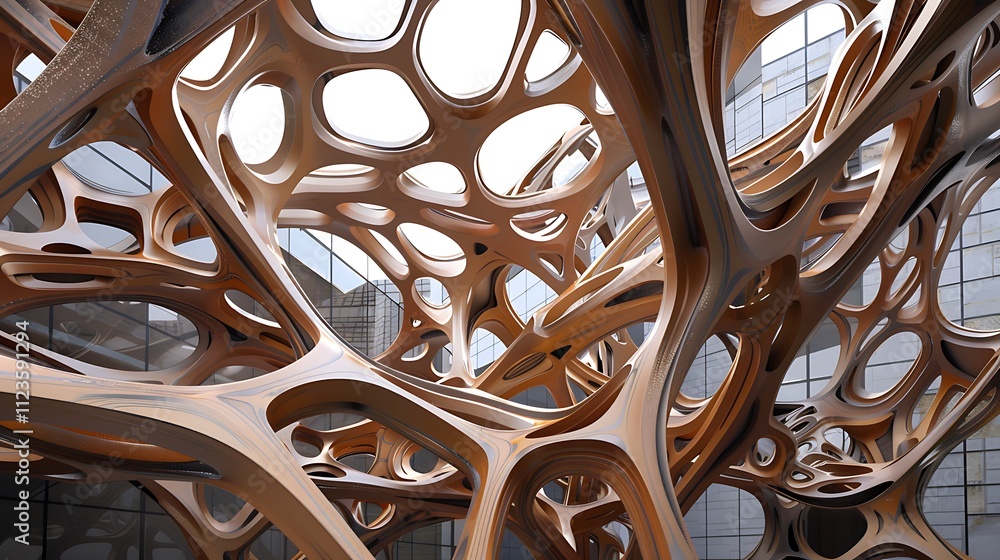 Poster an abstract architectural piece featuring a series of interconnected, organic forms resembling tree 