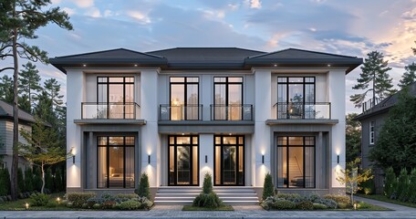 Fototapeta premium Modern Two-Story House with White Exterior and Grey Accents, Generative Ai.