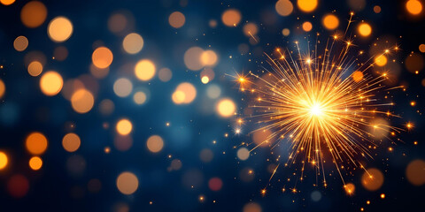 Dynamic Celebration Background with Golden Sparks and Glowing Bokeh on Navy Blue, Golden Fireworks and Bokeh Lights on a Deep Blue Background