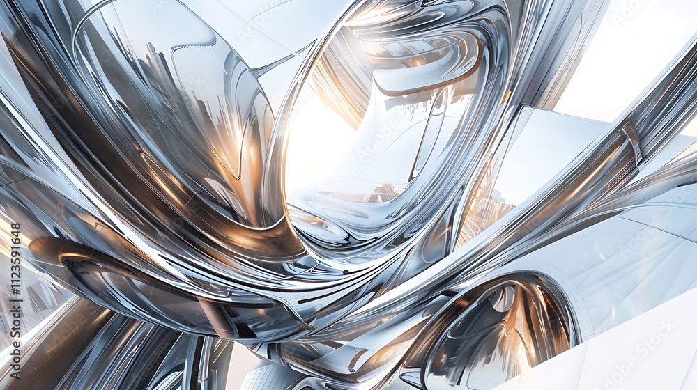 Poster an abstract building with twisting, ribbon-like structures made of reflective metal winding around a