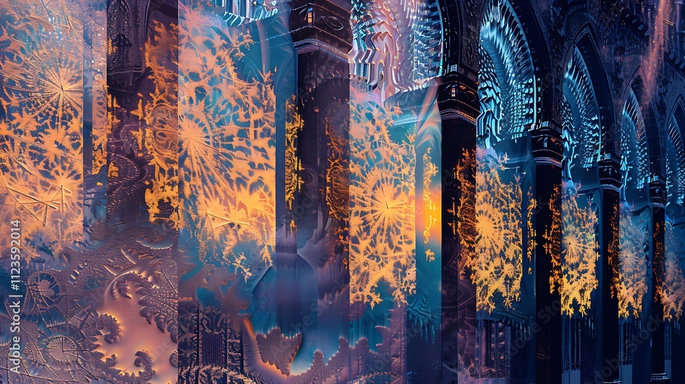 Poster an abstract design of a building with a facade covered in intricate, lattice-like patterns that cast