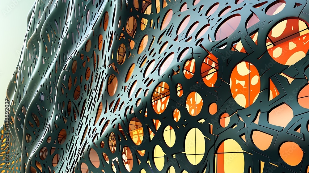 Poster an abstract design of a building with a facade covered in intricate, lattice-like patterns that cast