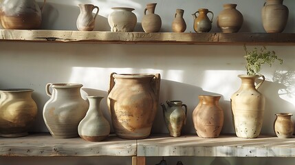 Rustic clay vases and jugs displayed on a wooden shelf soft natural lighting
