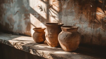 Rustic ceramic pottery on a simple wooden shelf sunlight filtering through a window