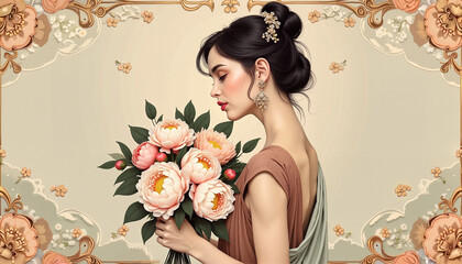 Fototapeta premium Elegant young woman in profile view holding peach peonies against art nouveau golden frame