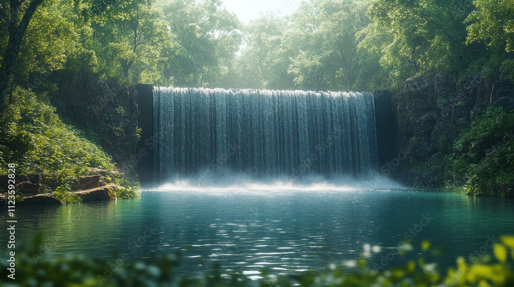 Poster serene waterfall cascading into a tranquil pool surrounded by greenery.