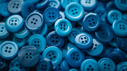 Many Different Blue Buttons Close-Up on the Background