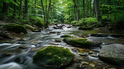 Obraz premium Quiet stream flowing through a dense forest surrounded by mosscovered rocks
