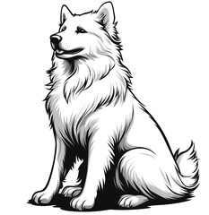Fototapeta premium Sitting white fluffy dog, monochrome illustration.